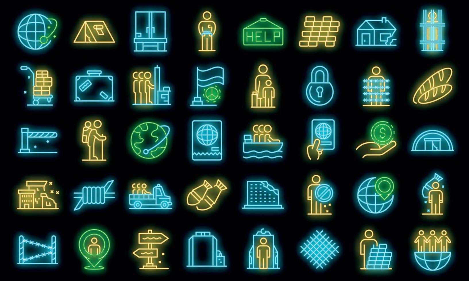 Illegal immigrants icons set vector neon