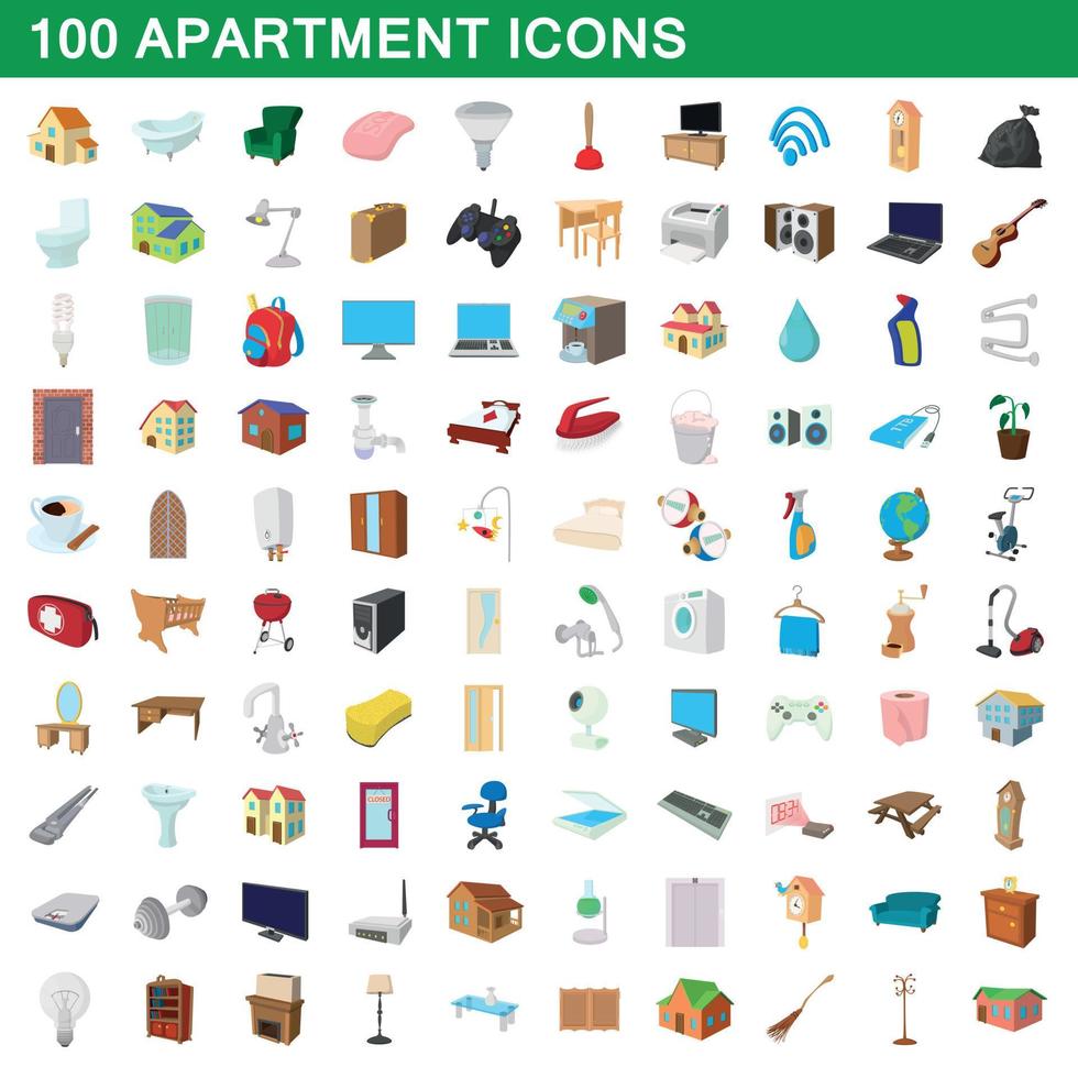 100 apartamentos, conjunto de iconos de estilo de dibujos animados vector