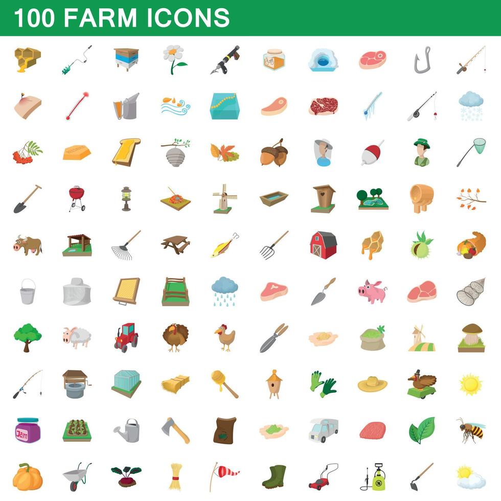 100 farm set, cartoon style vector