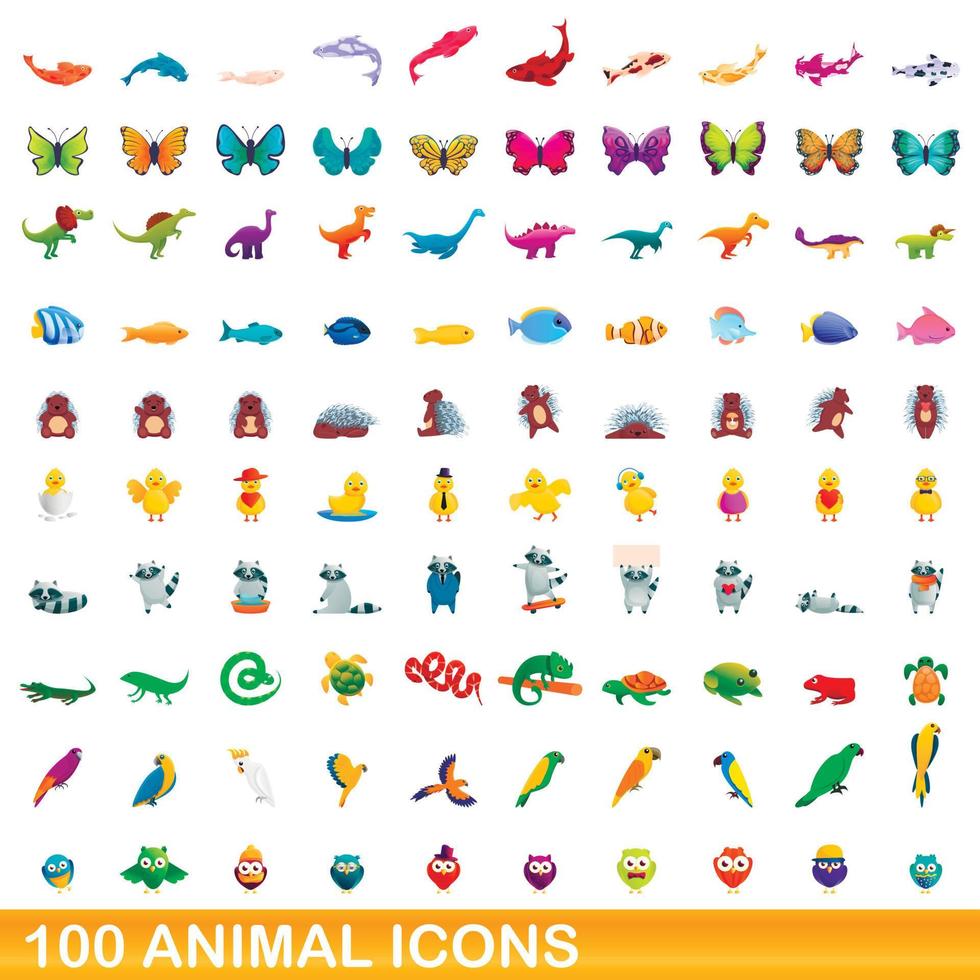 100 animales, conjunto de iconos de estilo de dibujos animados vector