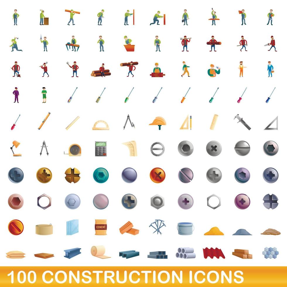 100 iconos de construcción, estilo de dibujos animados vector