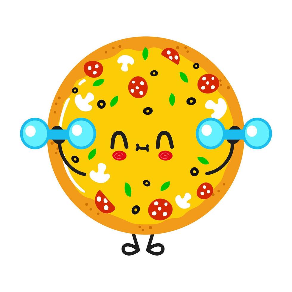 Cute funny pizza character with dumbbells. Vector hand drawn cartoon kawaii character illustration icon. Isolated white background. Pizza character gym concept