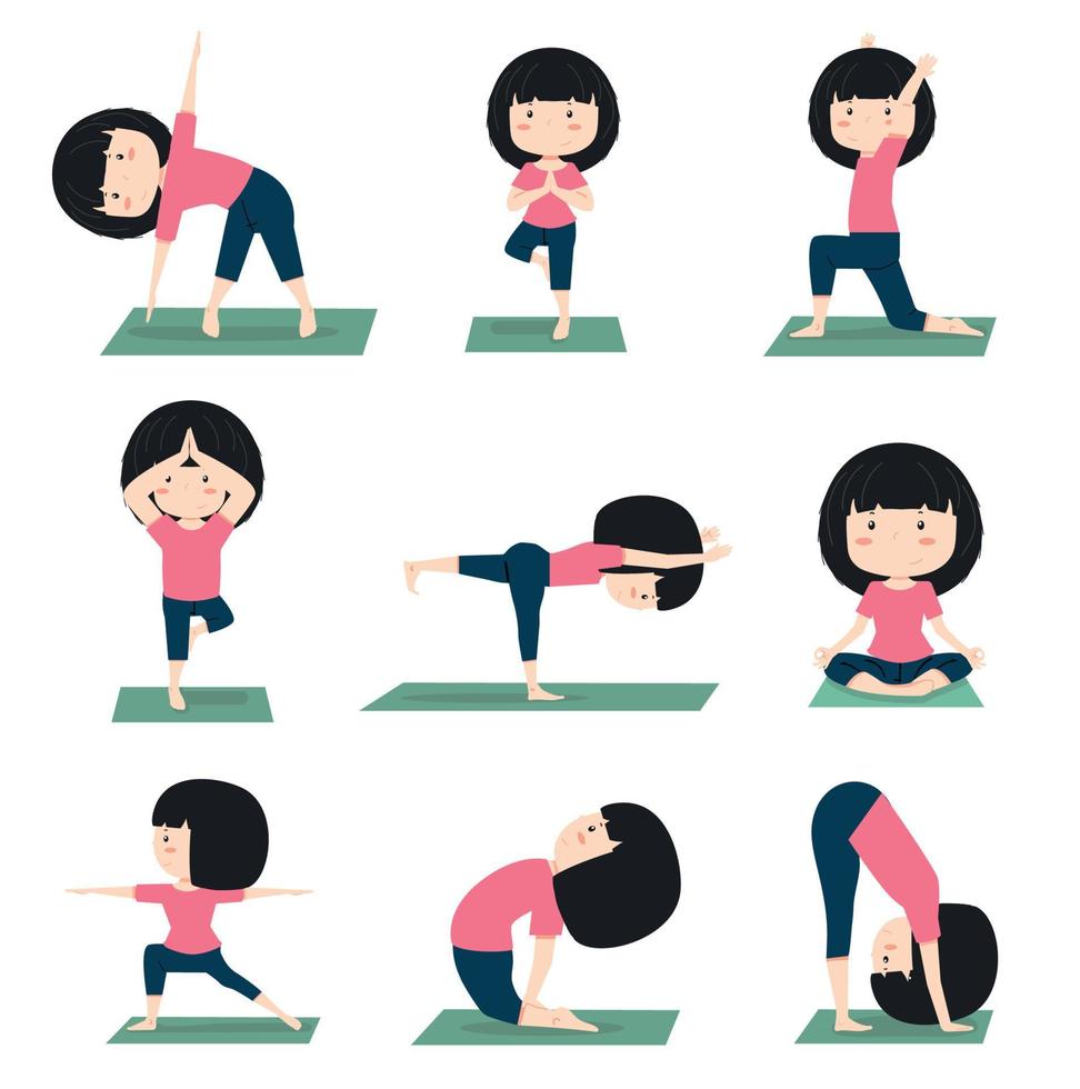Girl meditating practicing yoga doing  pose set vector