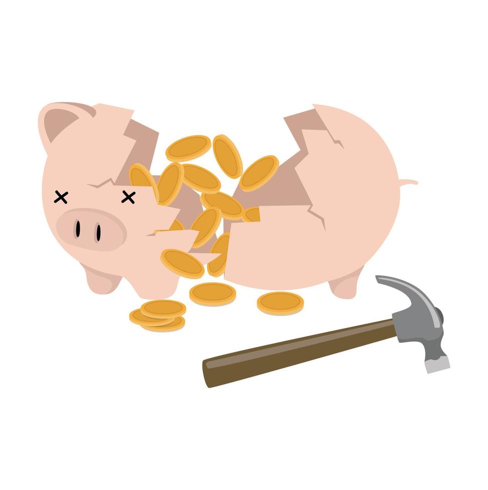 hammer with breaking piggy bank broken vector