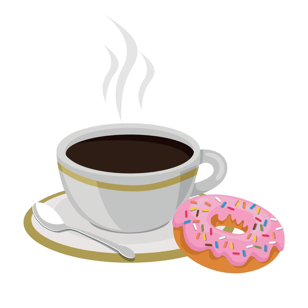 taza de café negro con comida de donas vector