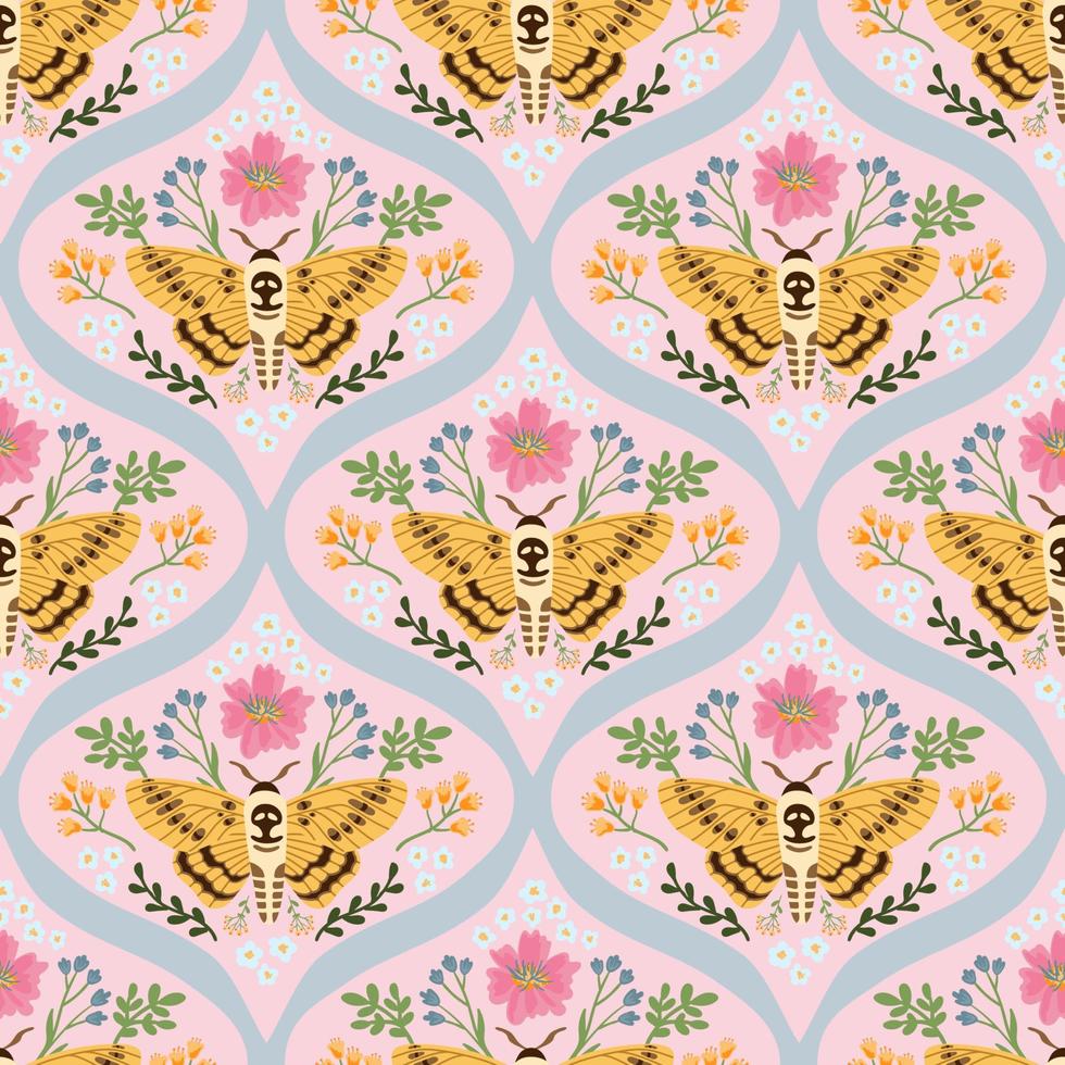 Butterfly and flowers summer vector seamless pattern. Damask floral texture in retro style. Hand drawn cute design for fabric or wallpaper.