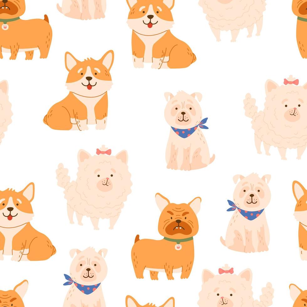 patrón de perros de dibujos animados sin costuras. animales lindos, vector de mascotas dibujado a mano fondo de color para ropa de niños, tela, textil, decoración de guardería, papel de regalo