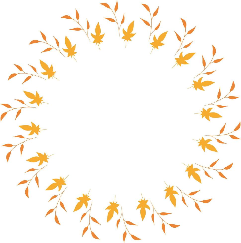 Round frame with vertical orange branches and yellow leaves on white background. Isolated wreath for your design. vector