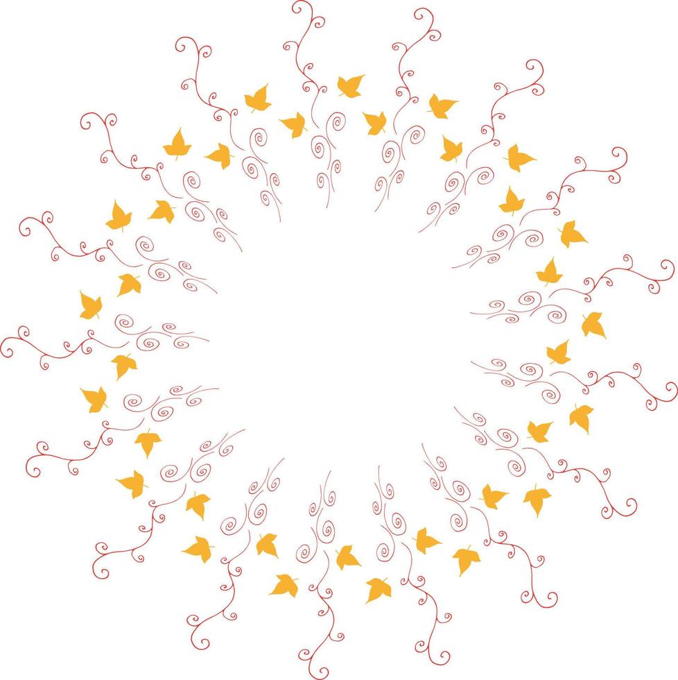Round frame with vertical yellow leaves and red decorative elements on white background. Isolated wreath for your design. vector