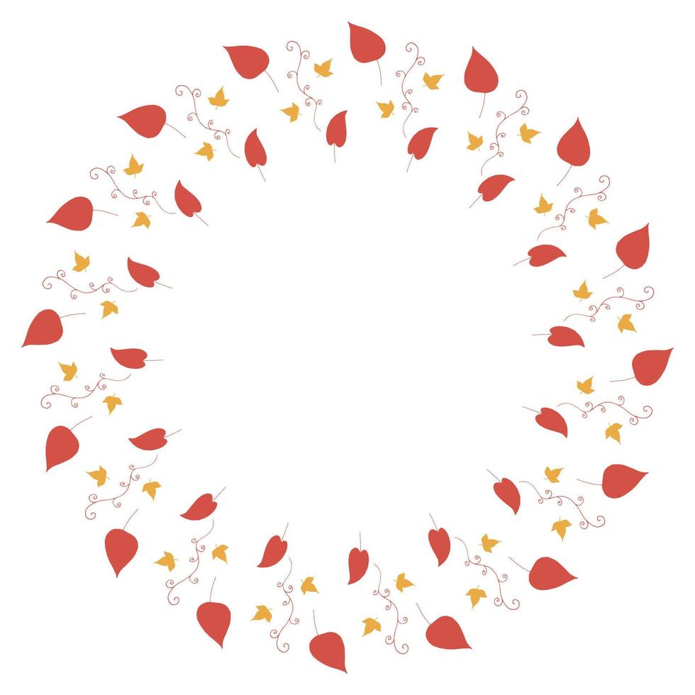 Round frame with vertical red leaves, decorative elements and little yellow leaves on white background. Isolated wreath for your design. vector