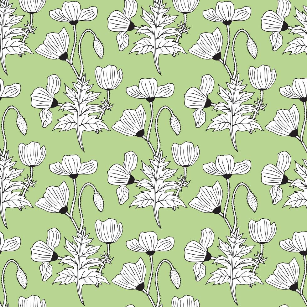 Seamless background with black-and-white poppies on light green background. Endless pattern with flowers for your design. Vector. vector