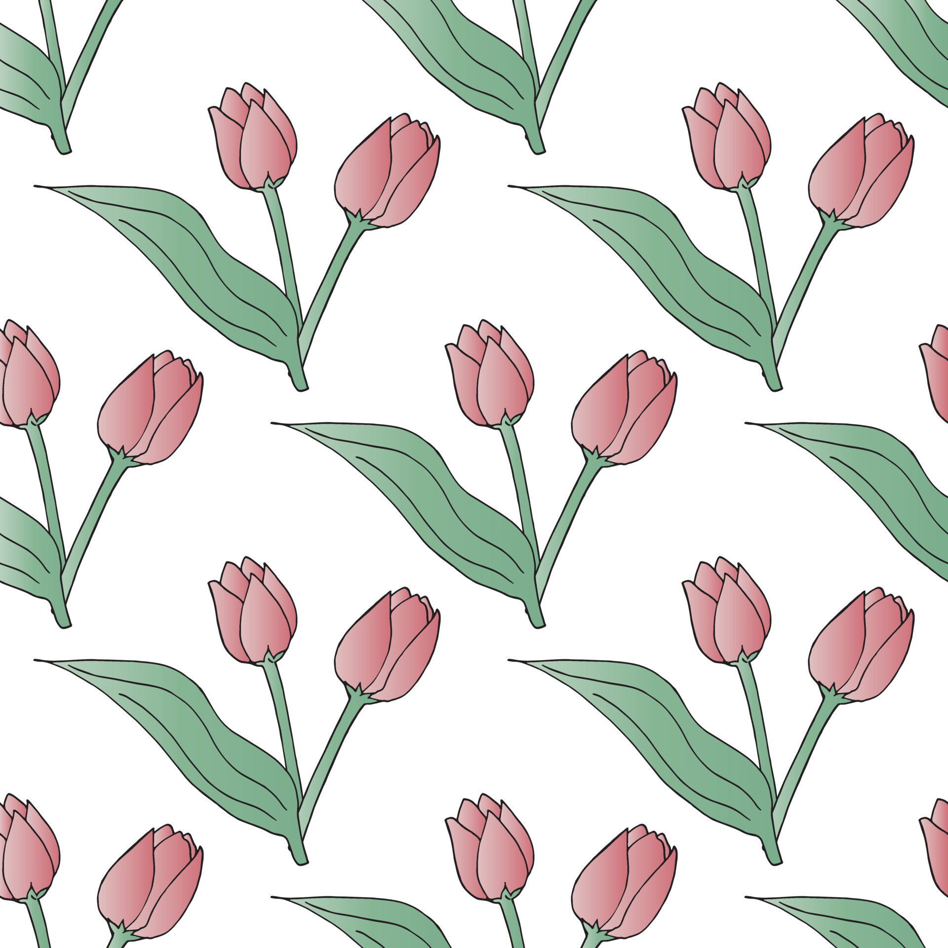 Seamless background with gradient pink tulips on white background. Endless floral background for