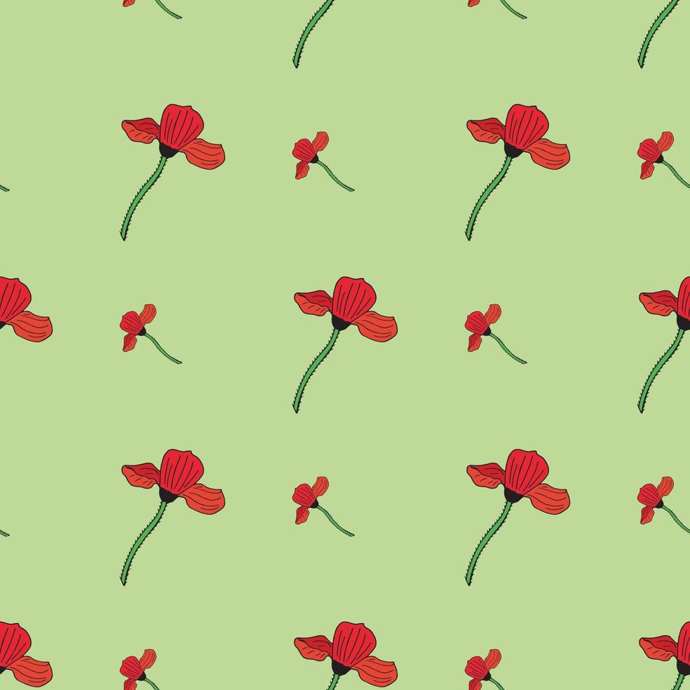 Seamless background with red poppy. Endless pattern with flowers on light green  background. Vector image.