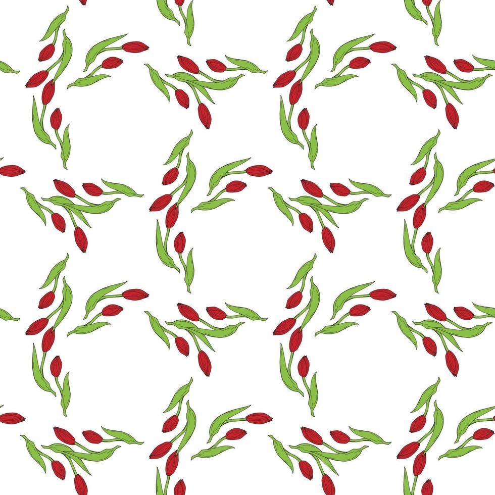 Seamless background with red tulips 2. Endless pattern with flowers on white background. Vector image.