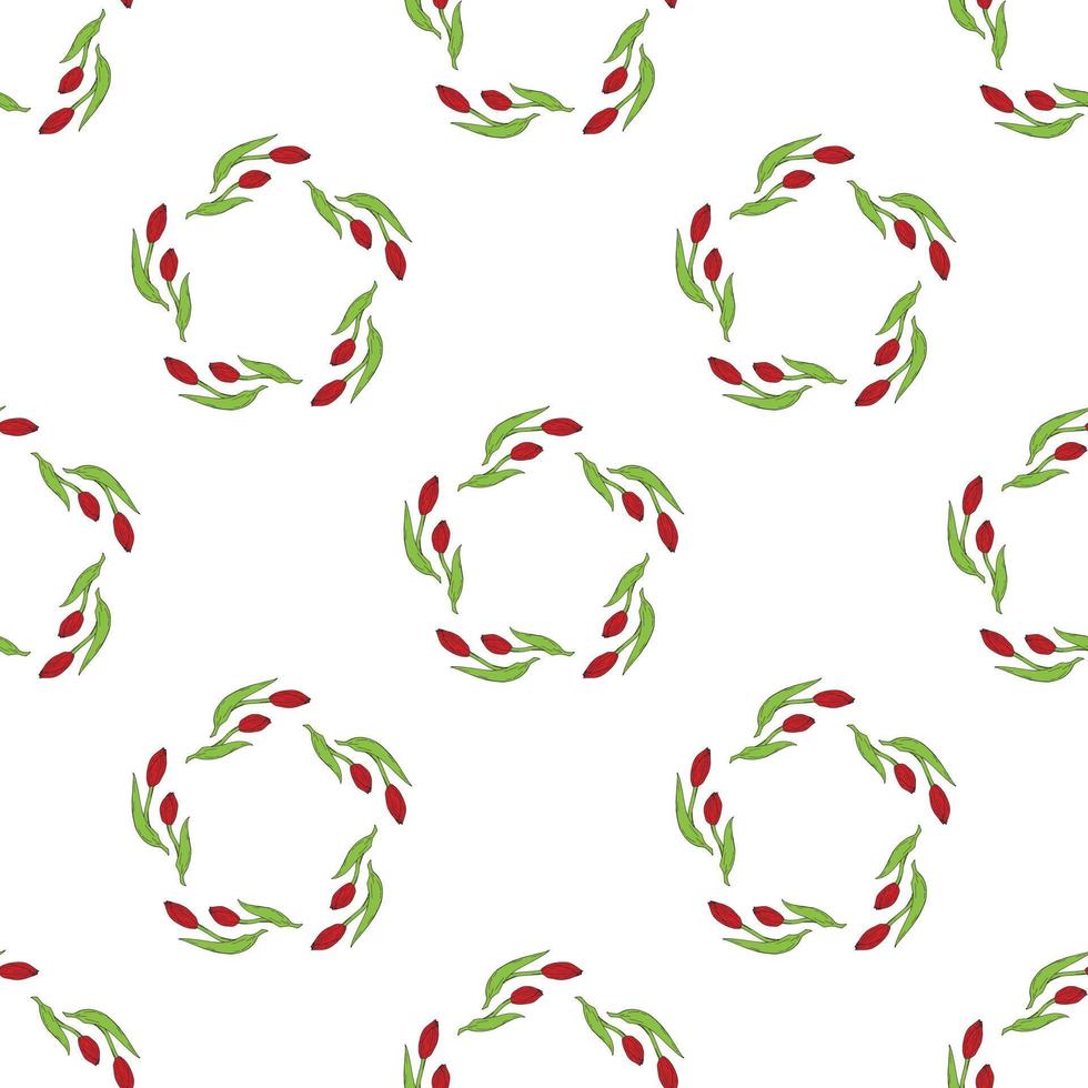 Seamless background with red tulips 3. Endless pattern with flowers on white background. Vector image.