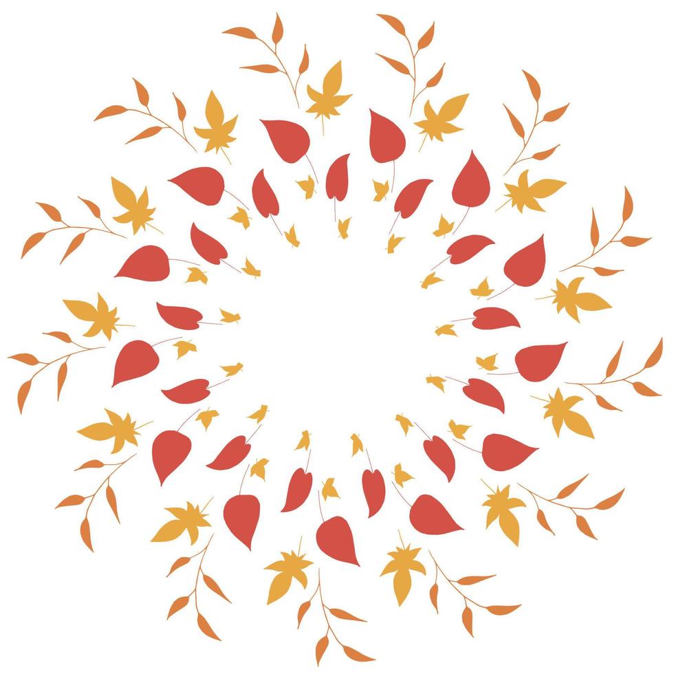 Round frame with vertical orange branches, yellow and red leaves on white background. Isolated wreath for your design. vector