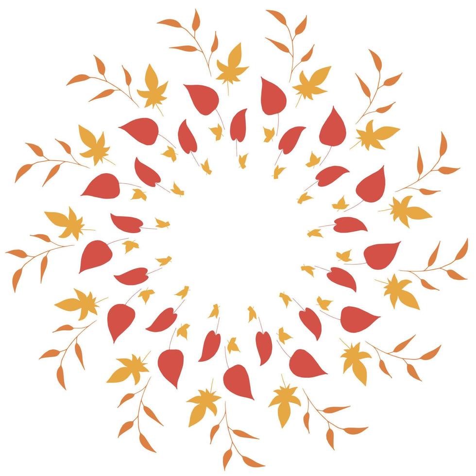 Round frame with vertical orange branches, yellow and red leaves on white background. Isolated wreath for your design. vector