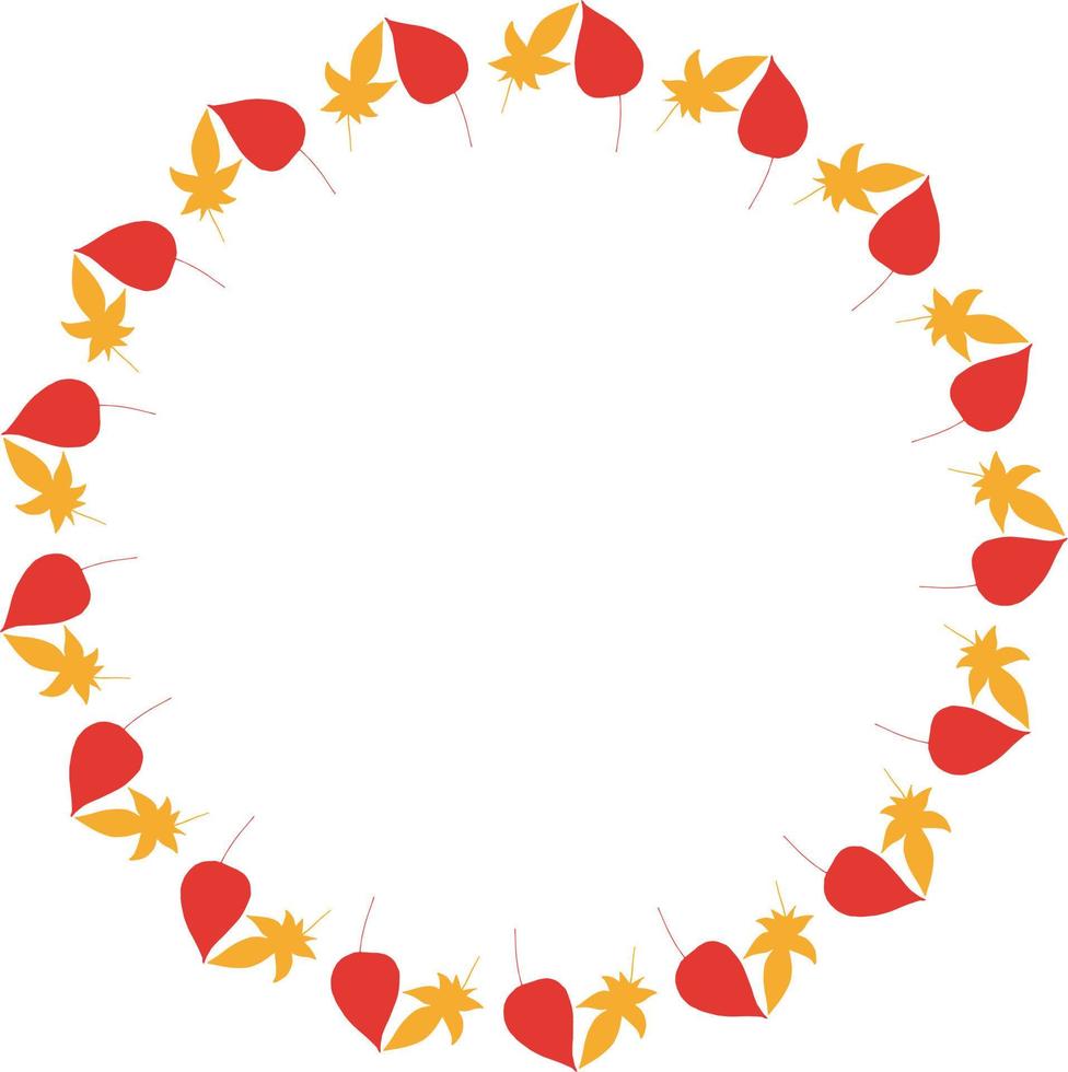 Round frame with vertical red and orange leaves on white background. Isolated wreath for your design. vector