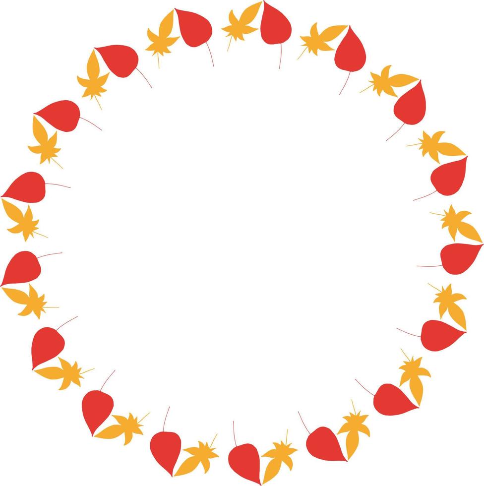 Round frame with vertical red and orange leaves on white background. Isolated wreath for your design. vector