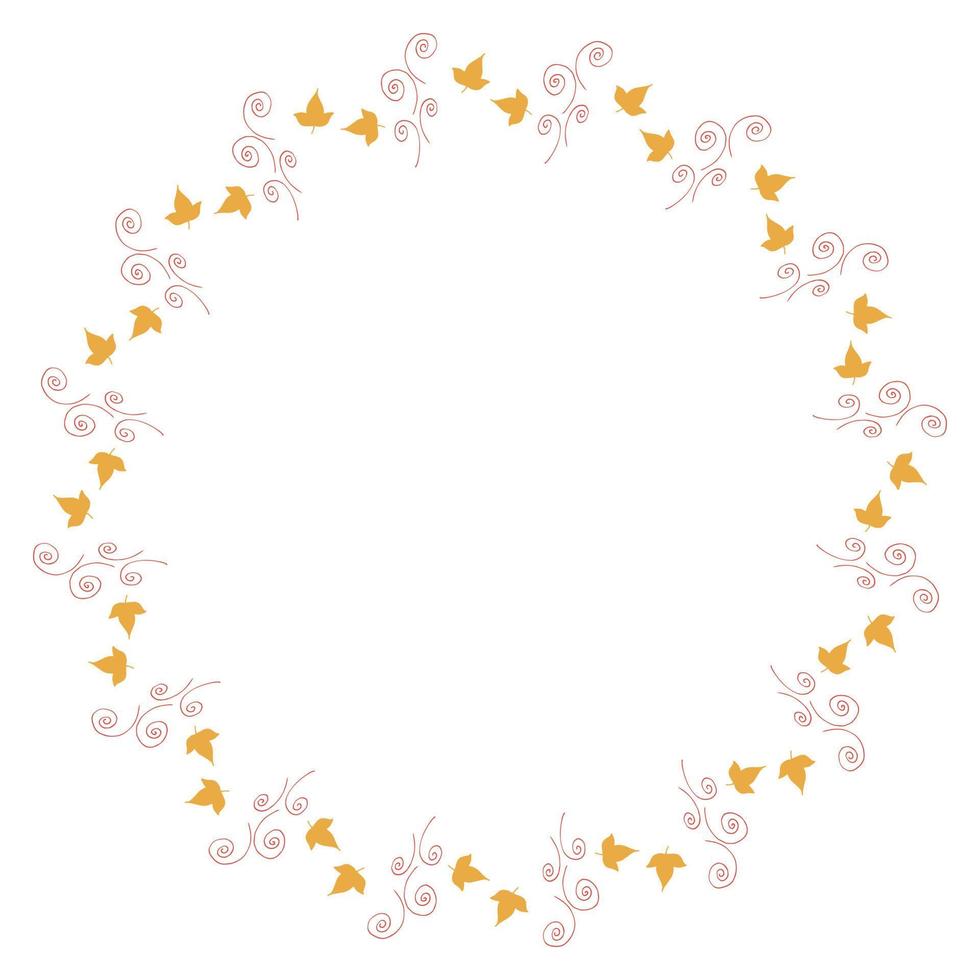 Round frame with vertical little yellow leaves and decorative elements on white background. Isolated wreath for your design. vector