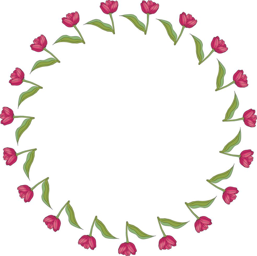 Round frame with vertical blooming pink tulips on white background. Isolated frame of flowers for your design. vector