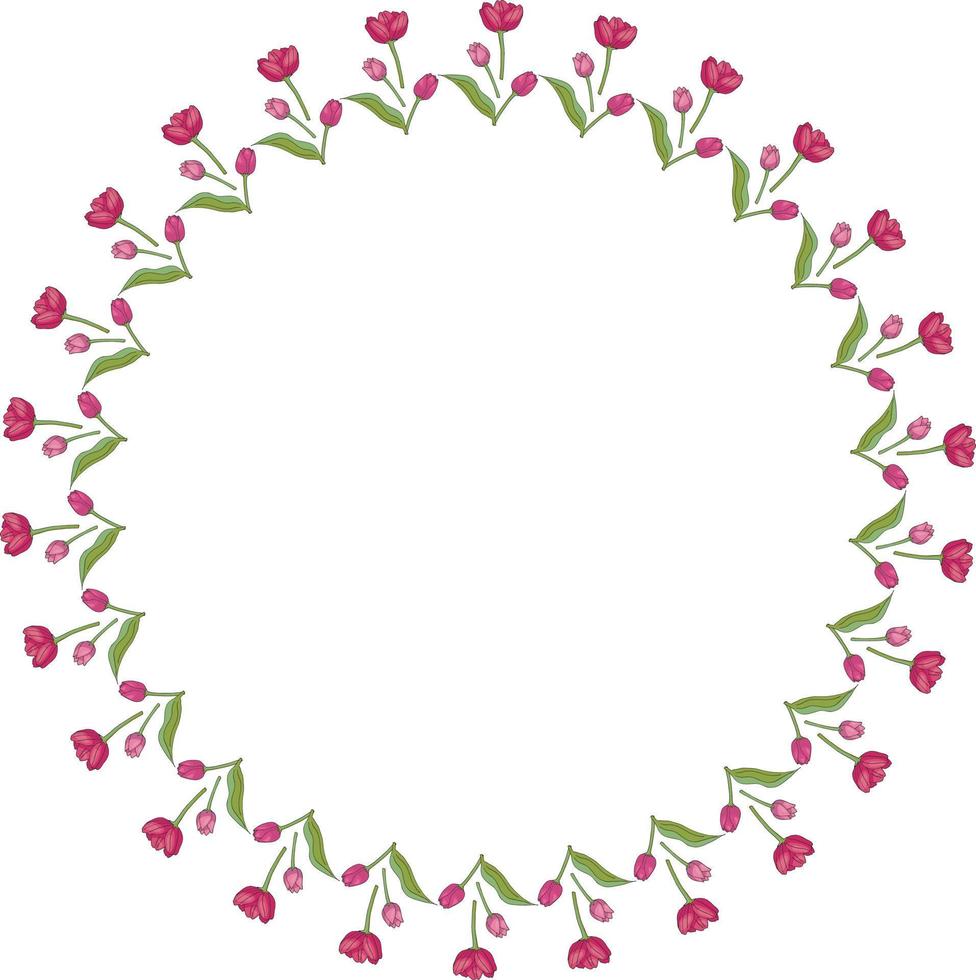 Round frame with vertical lovely pink tulips on white background. Isolated frame of flowers for your design. vector