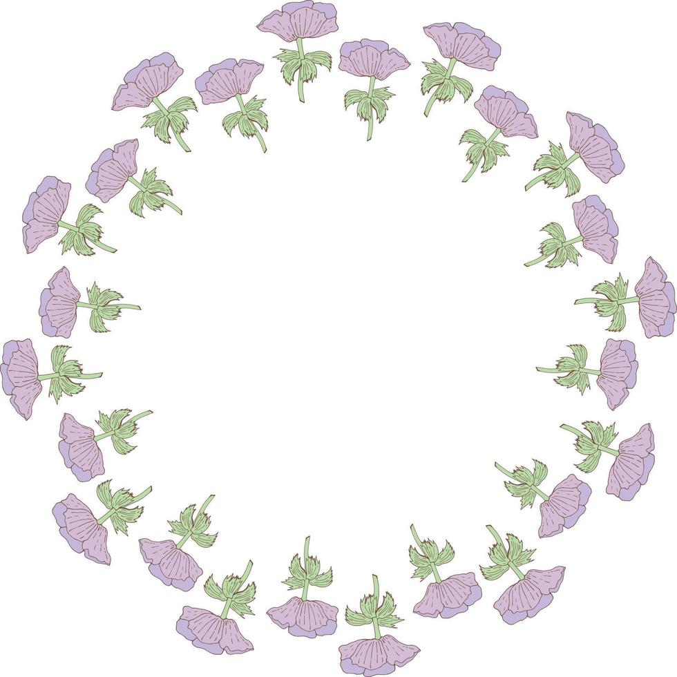 Round frame with violet anemones on white background. Isolated frame for your design. vector