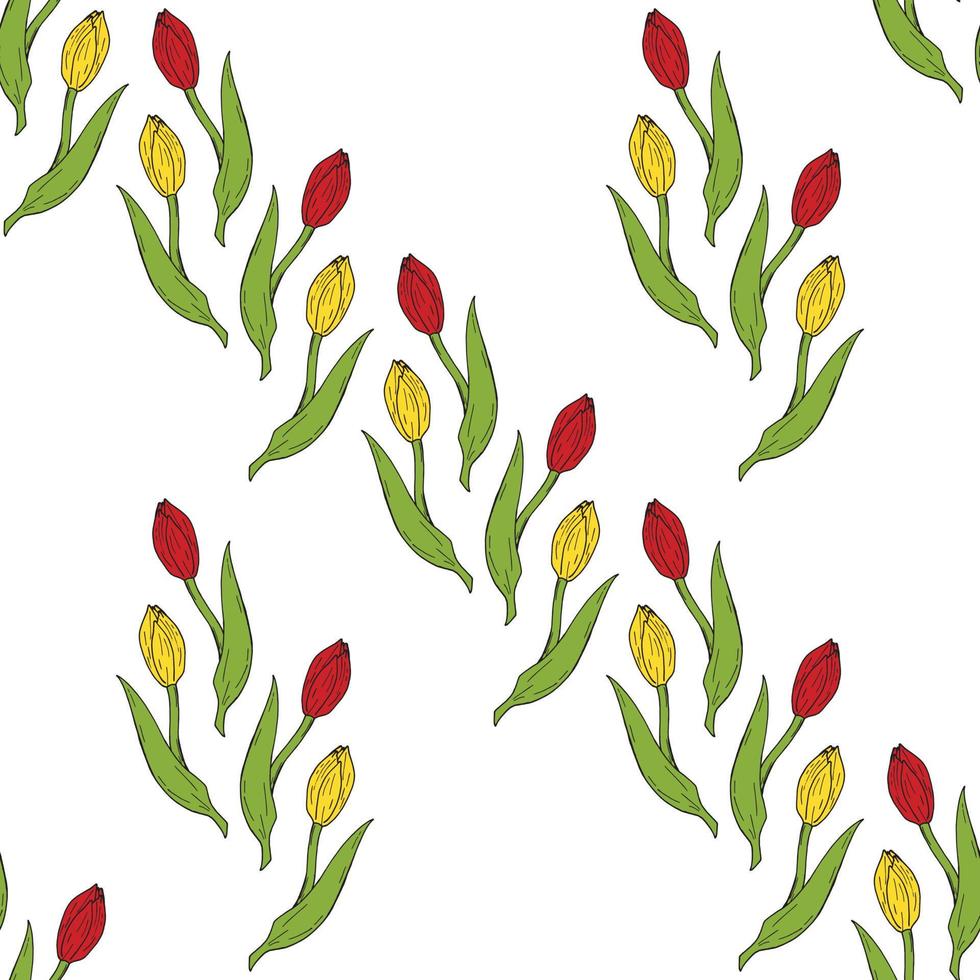 Seamless background of drawing red and yellow tulips. Endless pattern with flowers for your design. vector