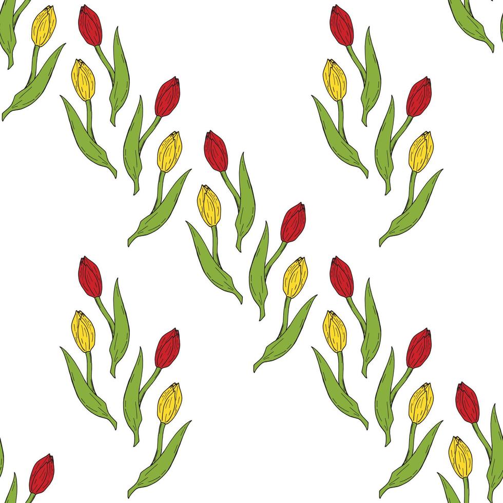 Seamless background of drawing red and yellow tulips. Endless pattern with flowers for your design. vector