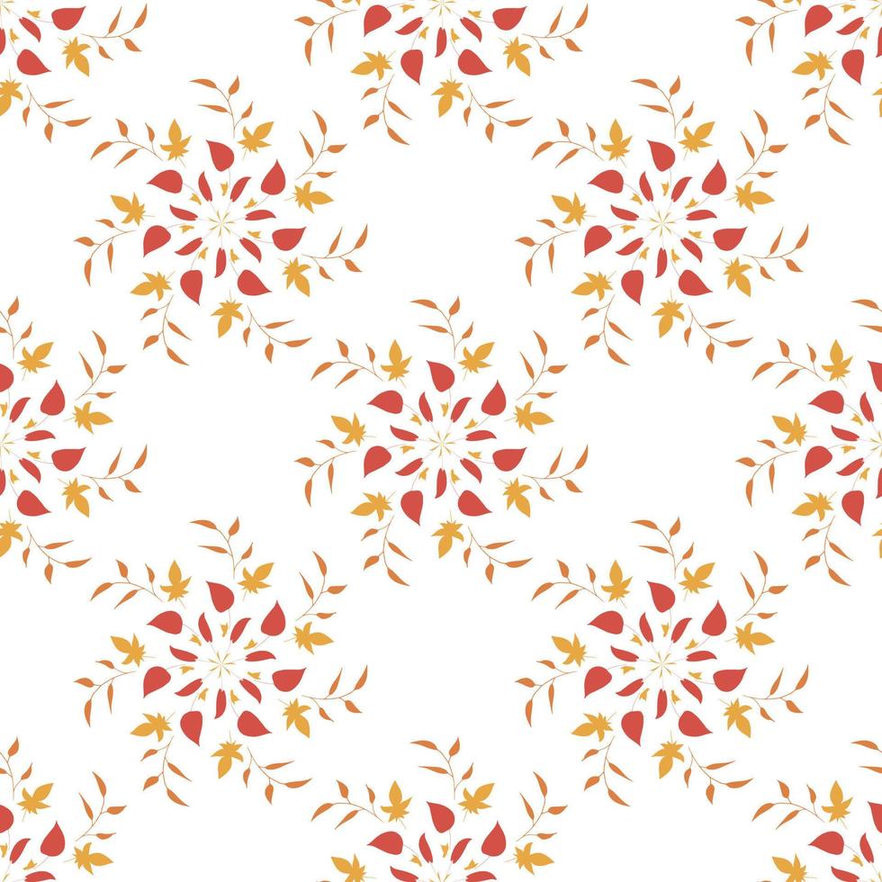 Seamless pattern with vertical round frames of orange branches, yellow and red leaves on white background. Endless background for your design. vector