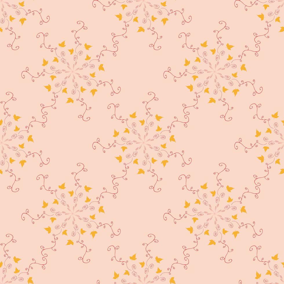Seamless pattern with round frames of vertical yellow leaves and red decorative elements on beije background. Endless background for your design. vector