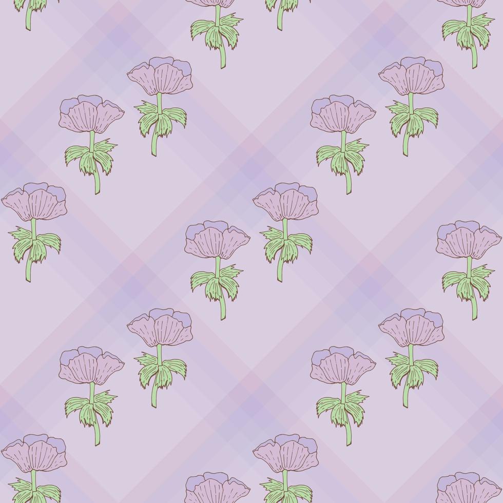 Seamless pattern with anemones on violet checkered background. Endless pattern with flowers for your design. vector