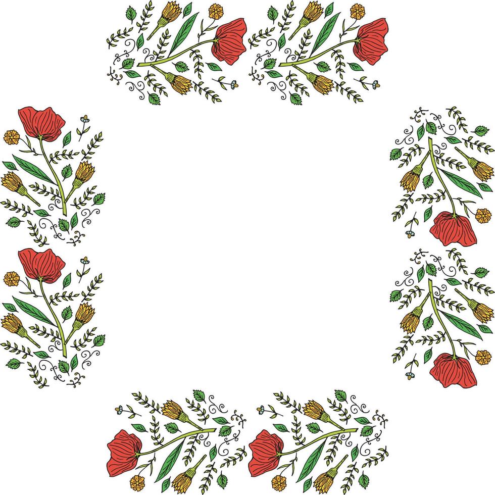 Square frame of plant elements. Isolated flowers and leaves on white background for your design. vector