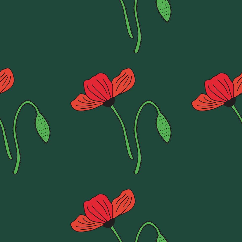 Seamless background with red poppies on dark green background. Endless pattern with flowers for your design. Vector. vector