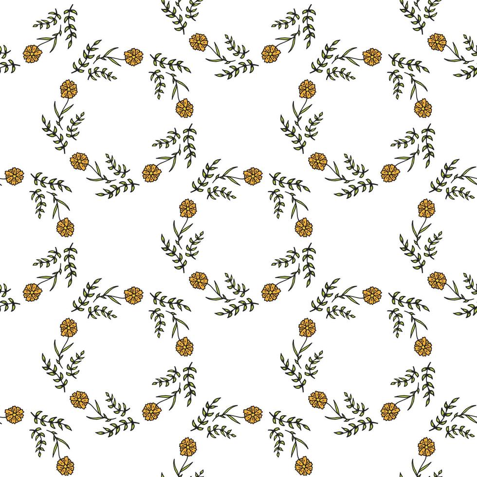 Seamless background with horizontal orange flowers and green branches. Endless pattern on white background. vector