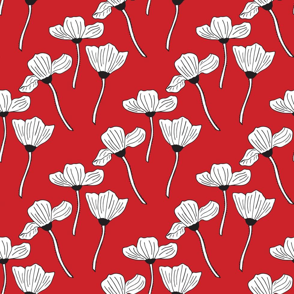 Seamless background with black-and-white poppies on red background. Endless pattern with flowers for your design. Vector. vector