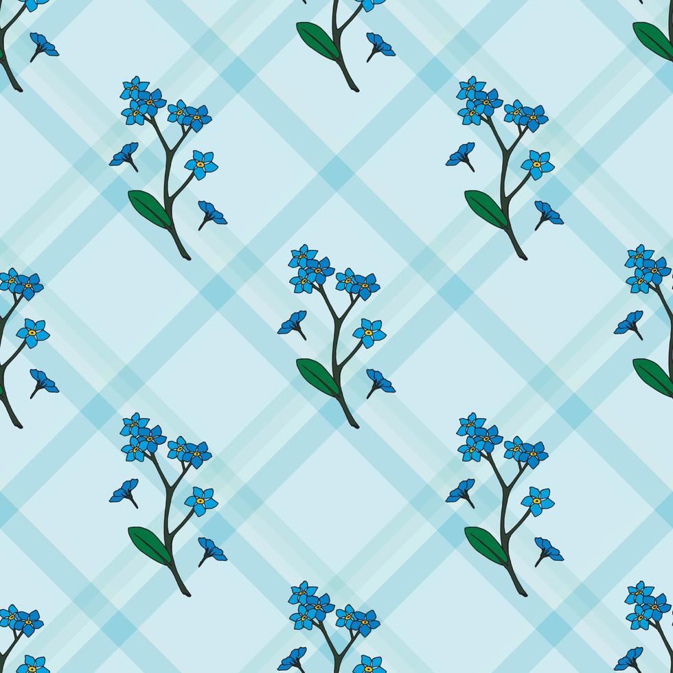Seamless pattern with forget-me-nots on blue checkered background. Endless pattern with flowers for your design. vector