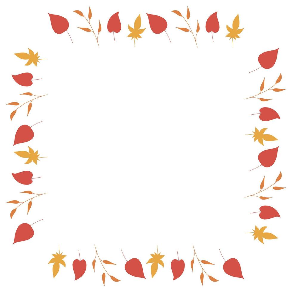 Square frame with big red leaves, yellow leaves and orange branches on white background. Isolated wreath for your design. vector
