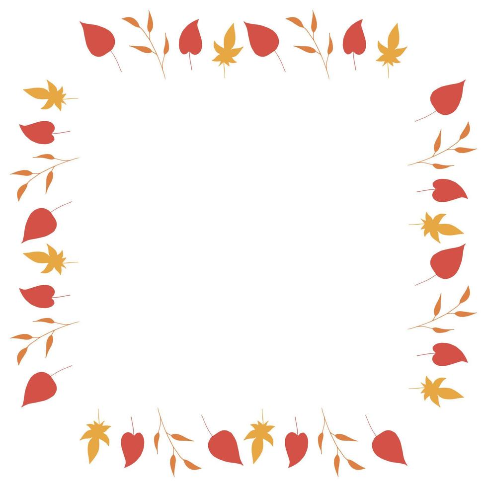 Square frame with big red leaves, yellow leaves and orange branches on white background. Isolated wreath for your design. vector