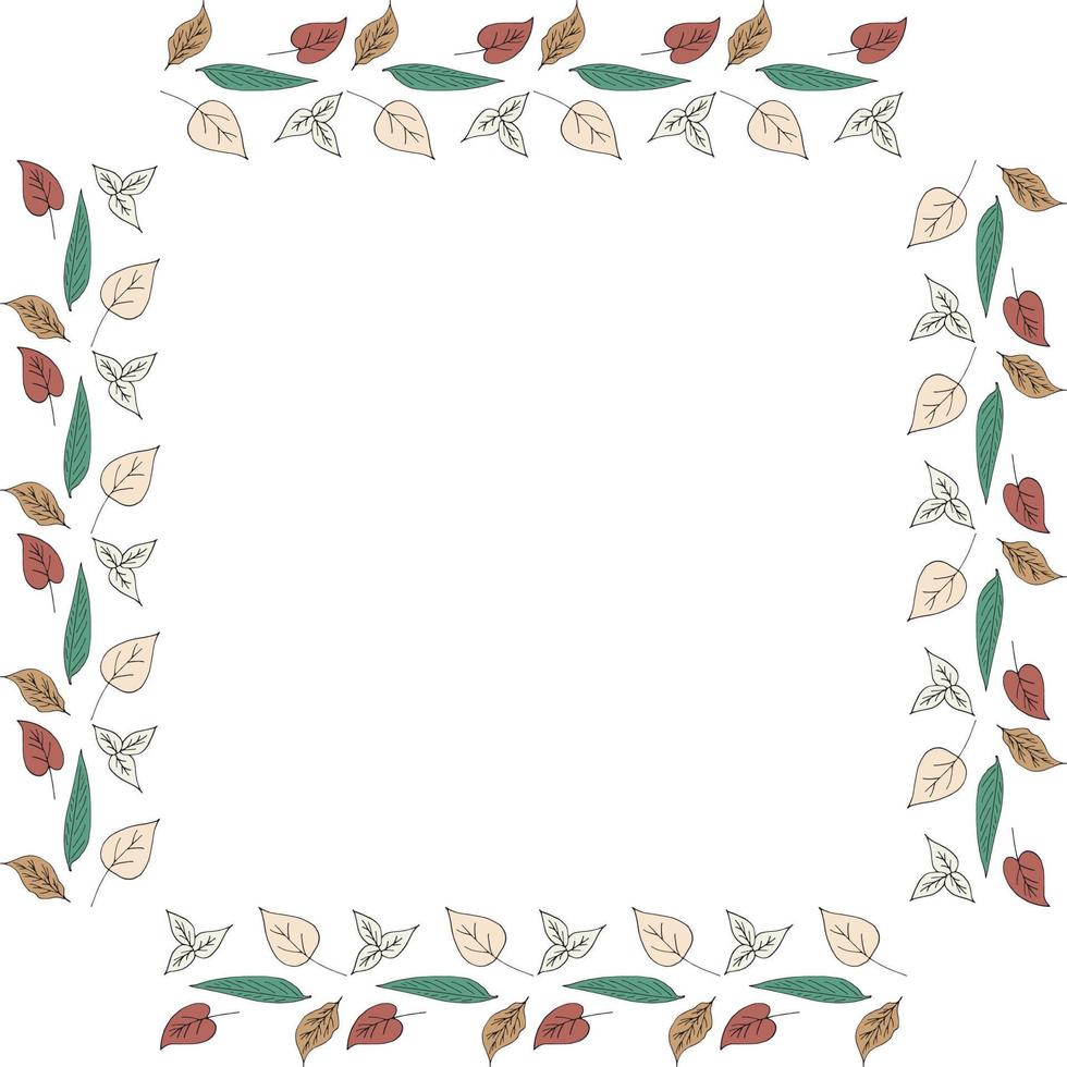 Square frame of horizontal different multicolored leaves. Isolated nature frame on white background for your design. vector