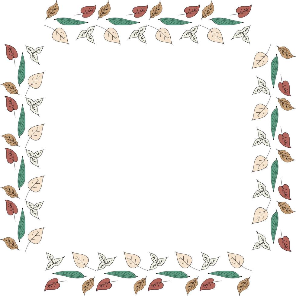 Square frame of horizontal different multicolored leaves. Isolated nature frame on white background for your design. vector