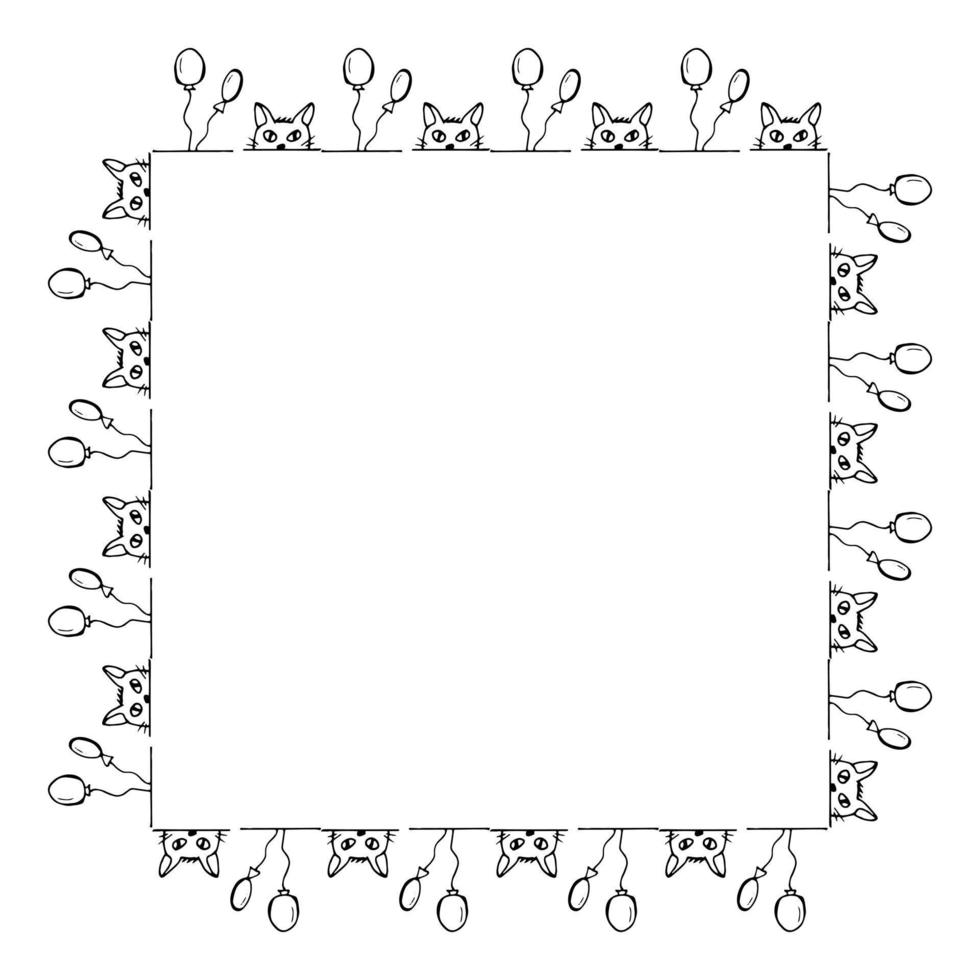 Square frame with cat faces and balloons. Isolated frame on white background for your design. vector