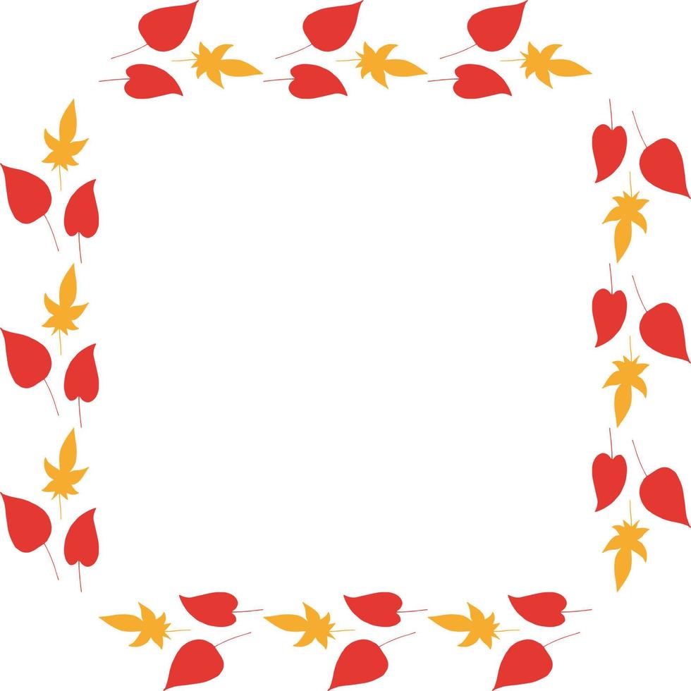 Square frame with cozy horizontal red and orange leaves on white background. Isolated wreath for your design. vector