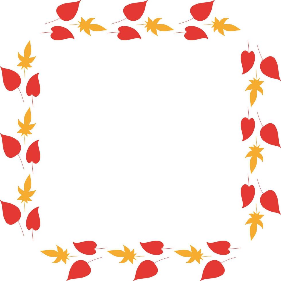 Square frame with cozy horizontal red and orange leaves on white background. Isolated wreath for your design. vector