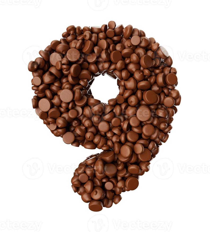 Digit 9 made of chocolate Chips Chocolate Pieces Alphabet Word 9 3d illustration photo