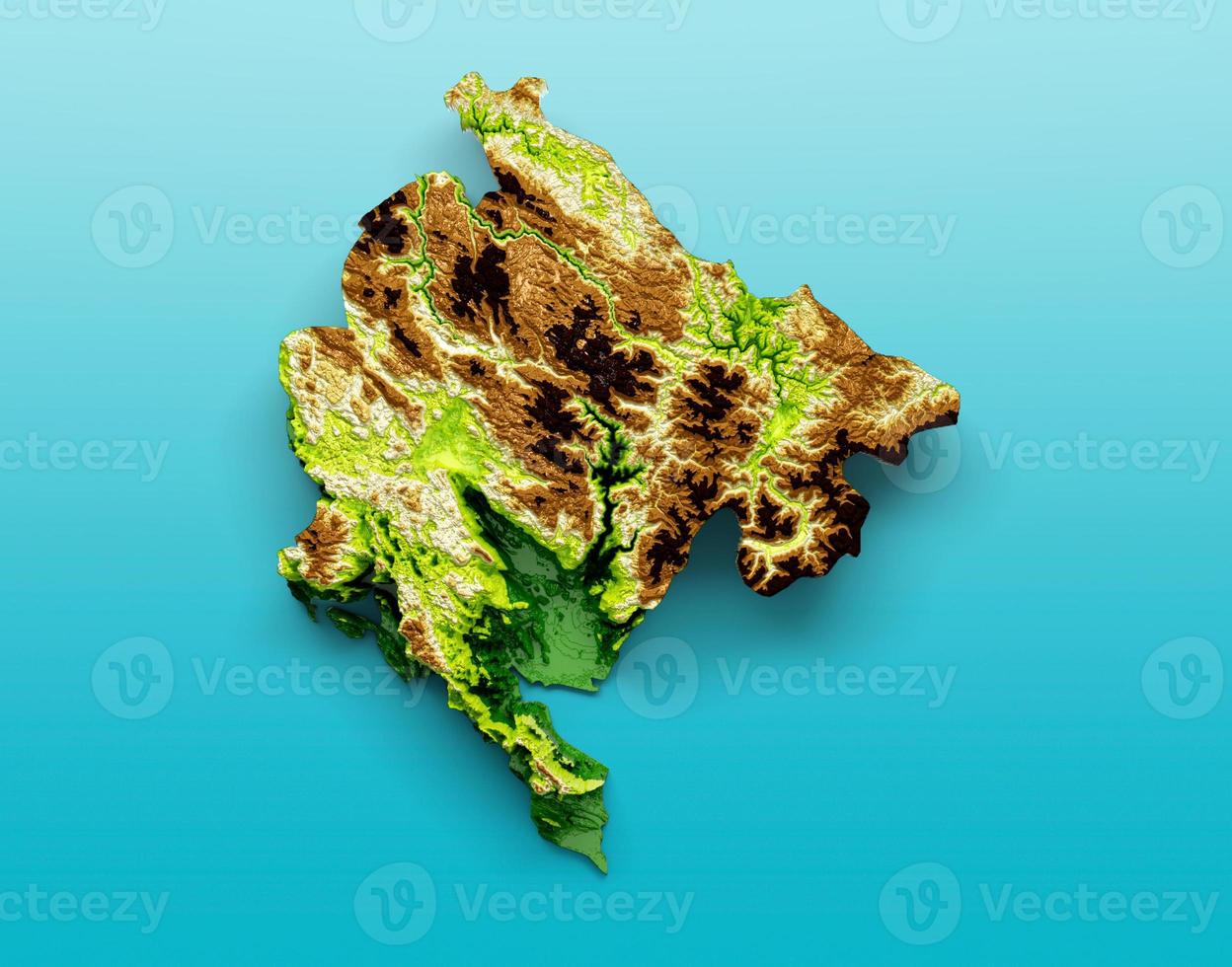 Montenegro Map Shaded relief Color Height map on the sea Blue Background 3d illustration photo