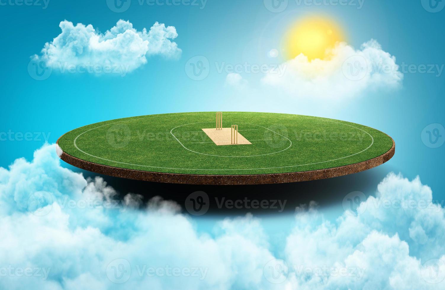 Cricket Ground in the Sky clouds moving sun light lens flare 3d illustration photo