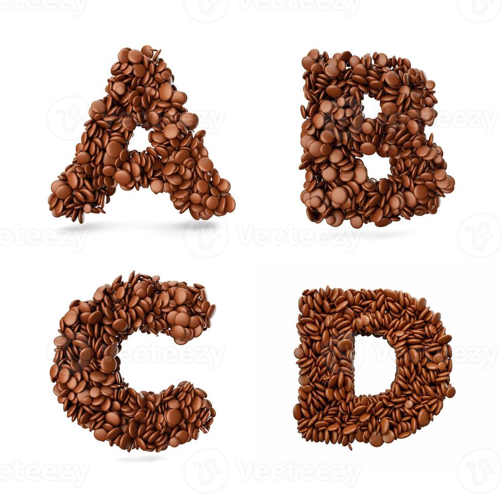 letra abcd hecha de frijoles recubiertos de chocolate dulces de chocolate alfabeto ilustración 3d foto