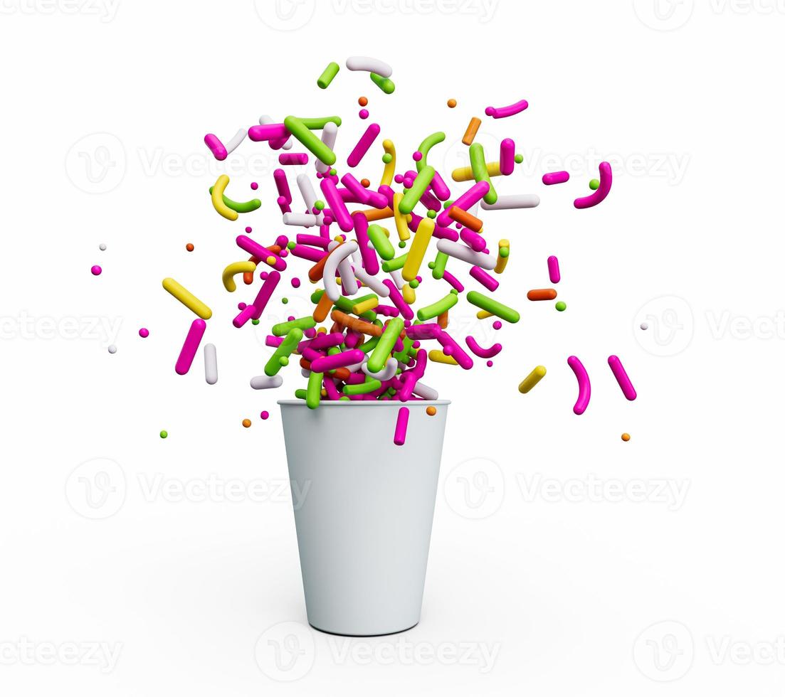 Sprinkles spilling out of a cup Container isolated on white Rainbow Sprinkle spilled 3d illustration photo