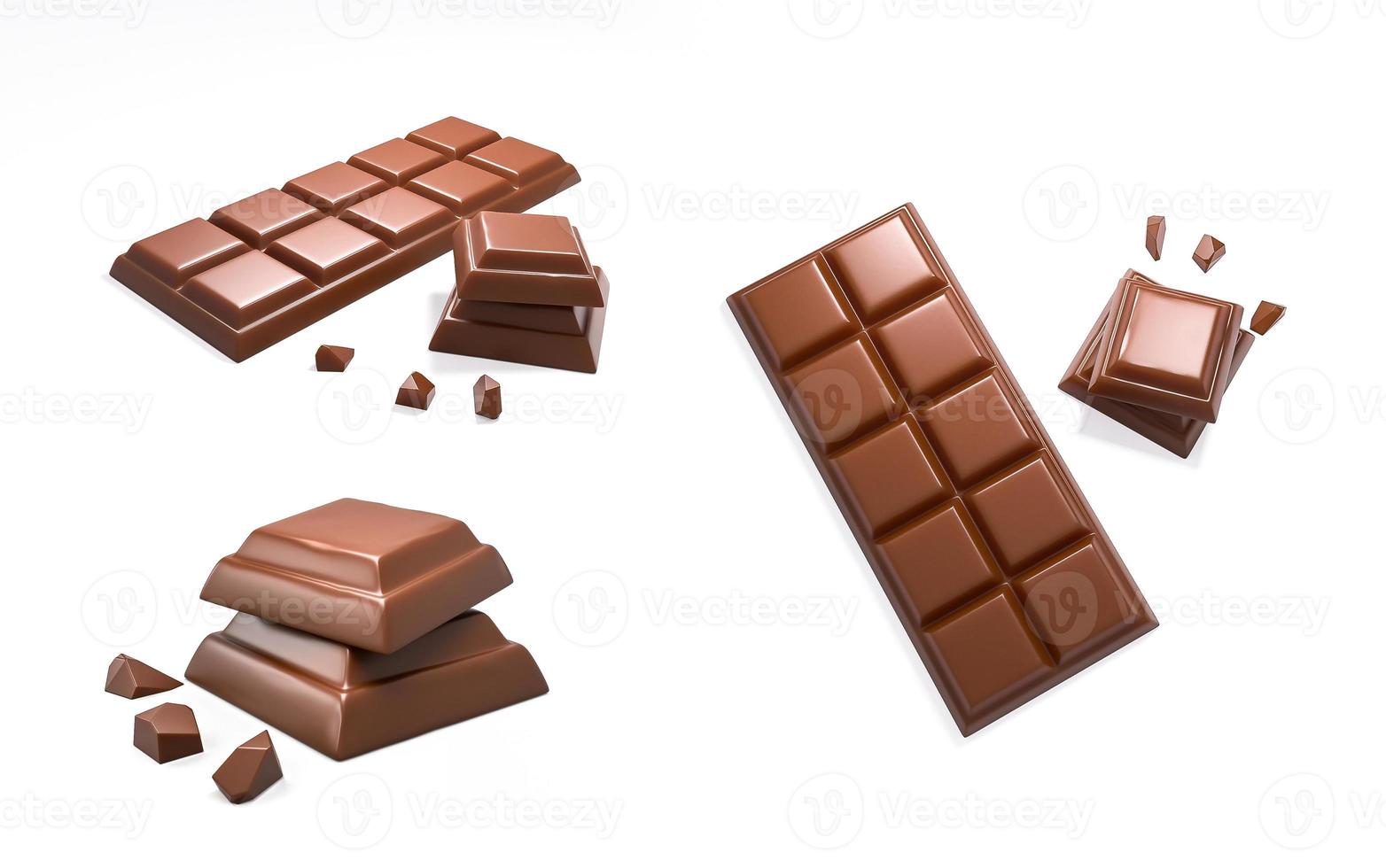 3d illustration of yummy chocolate pieces and bar on white background photo